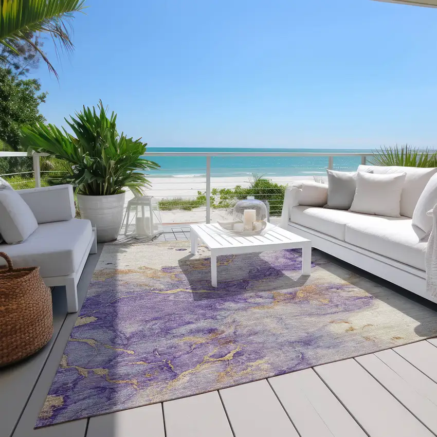 Purple And Gold Abstract Washable Indoor Outdoor Area Rug Photo 6