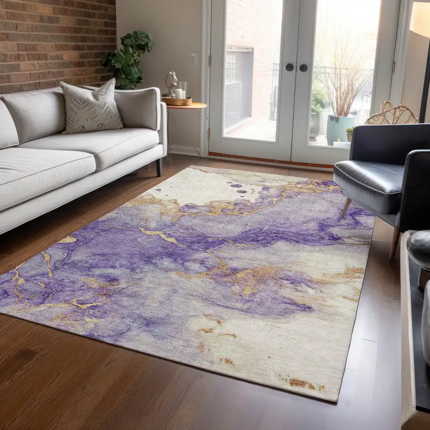 Purple And Gold Abstract Washable Indoor Outdoor Area Rug Photo 4