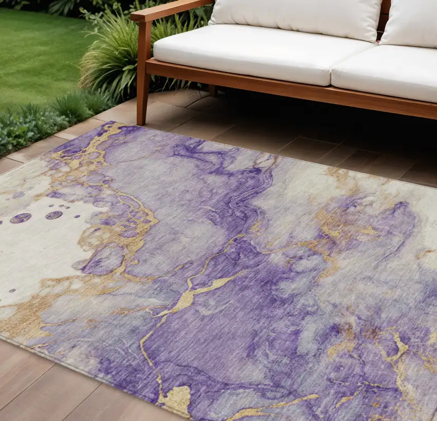 Purple And Gold Abstract Washable Indoor Outdoor Area Rug Photo 2