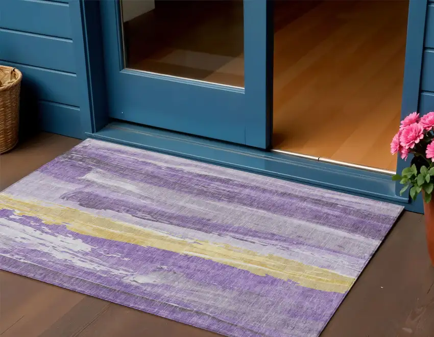 Purple And Gold Abstract Washable Indoor Outdoor Area Rug Photo 2