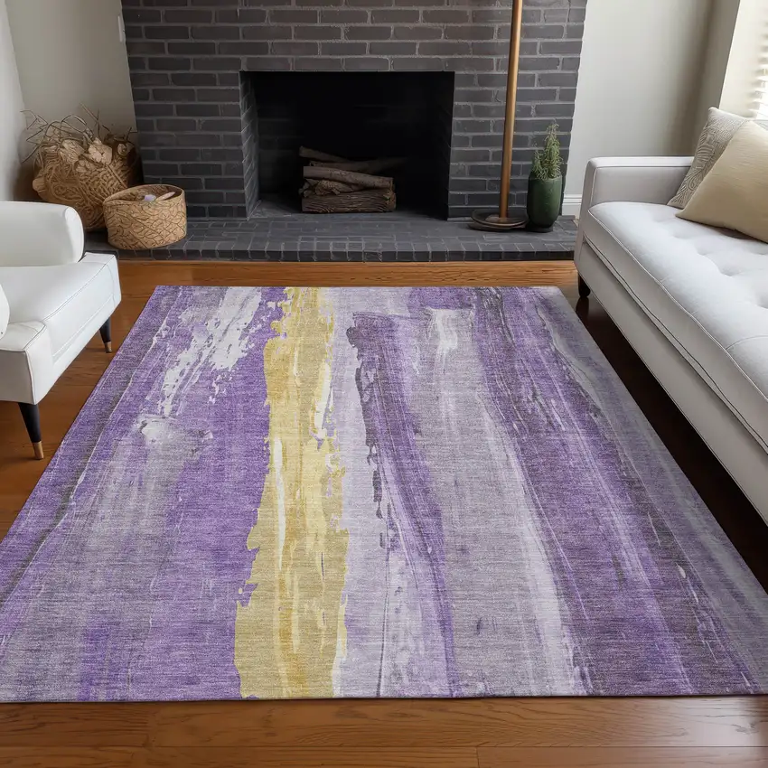 Purple And Gold Abstract Washable Indoor Outdoor Area Rug Photo 6