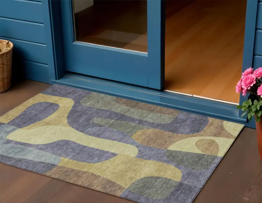 Purple And Gold Abstract Washable Indoor Outdoor Area Rug Photo 2