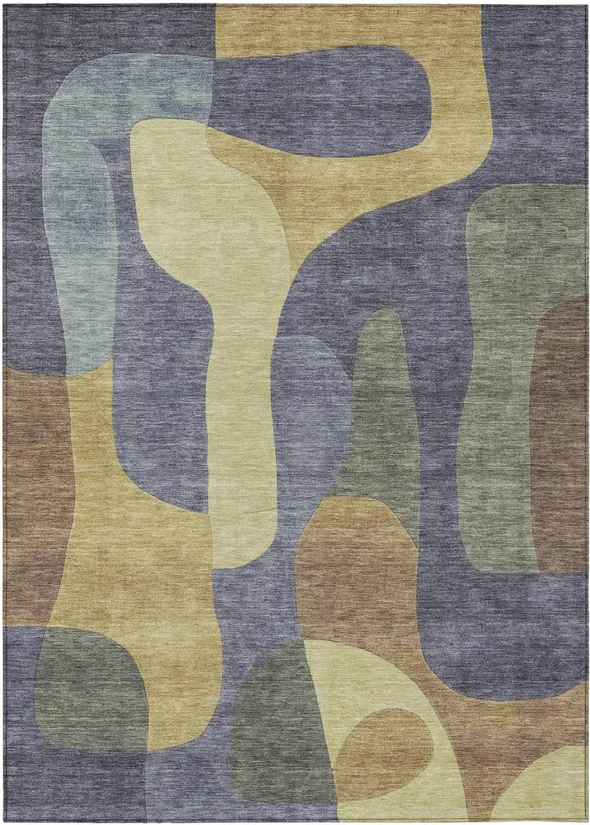 Purple And Gold Abstract Washable Indoor Outdoor Area Rug Photo 1