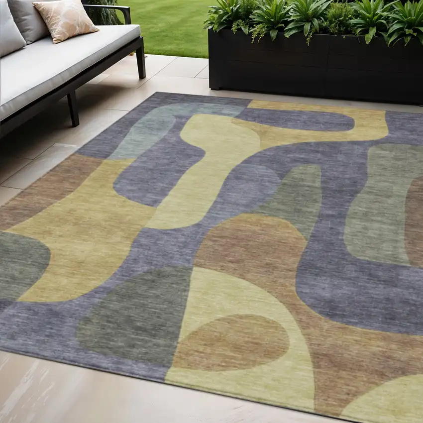 Purple And Gold Abstract Washable Indoor Outdoor Area Rug Photo 2
