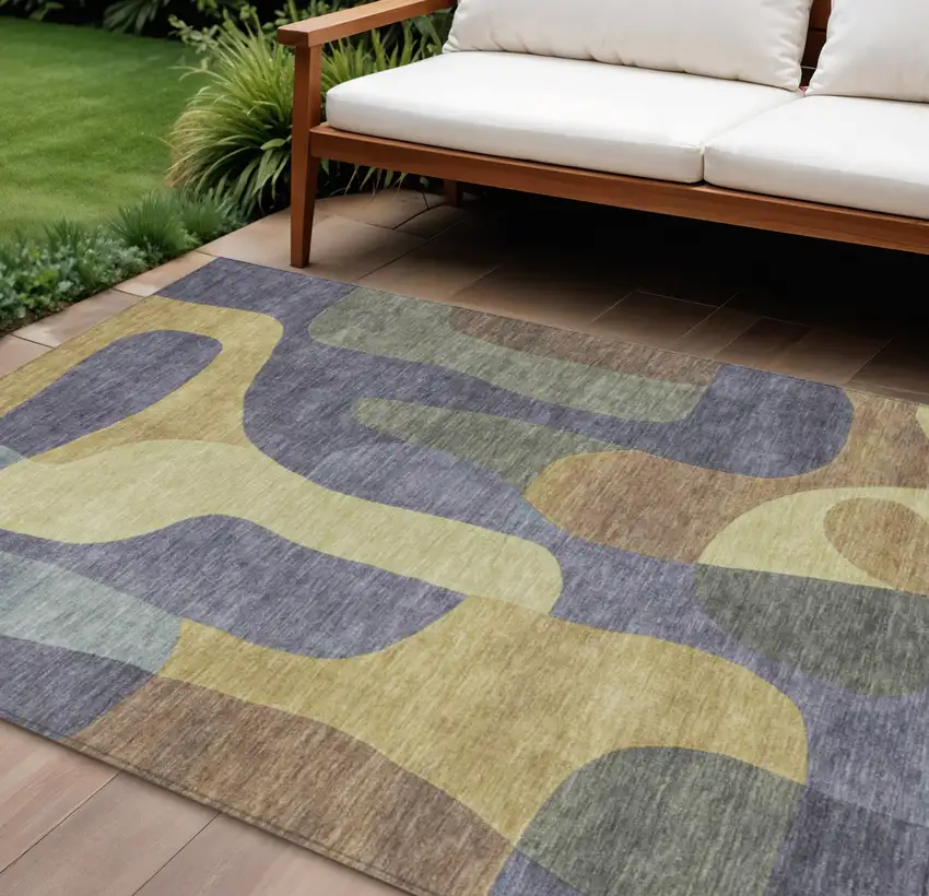Purple And Gold Abstract Washable Indoor Outdoor Area Rug Photo 2
