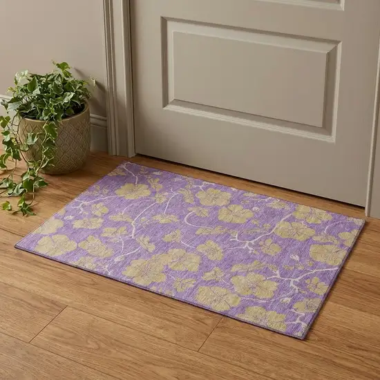 Purple And Gold Floral Washable Area Rug With UV Protection Photo 1