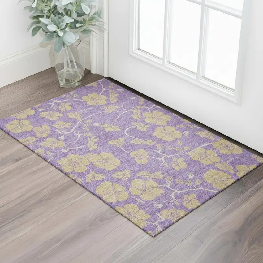 Purple And Gold Floral Washable Area Rug With UV Protection Photo 2