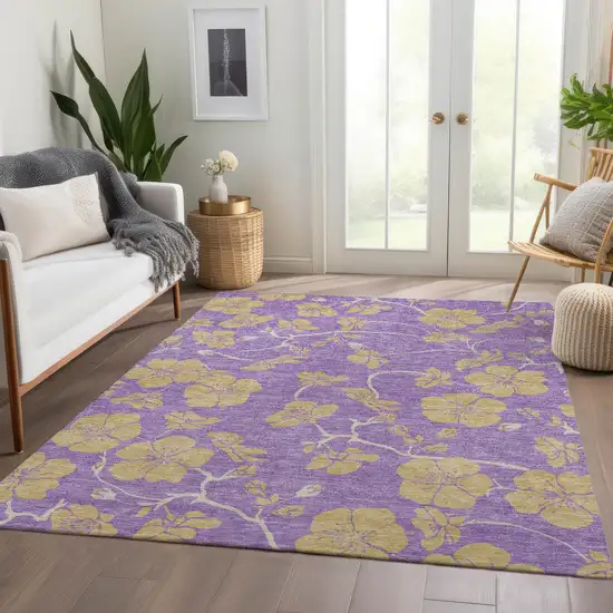 Purple And Gold Floral Washable Area Rug With UV Protection Photo 5