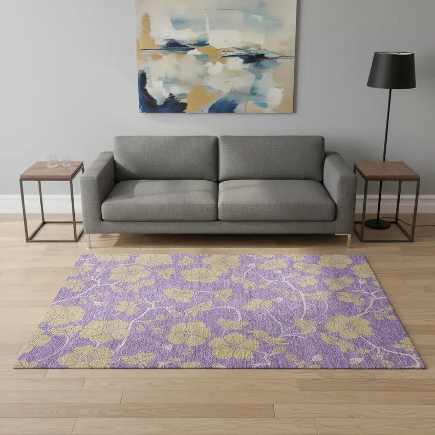 Purple And Gold Floral Washable Area Rug With UV Protection Photo 2