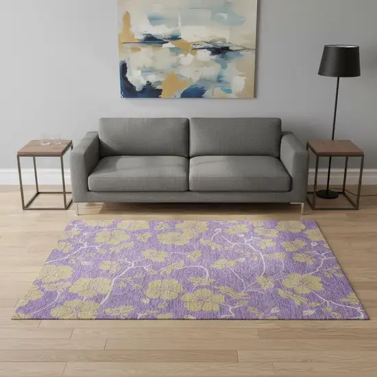 Purple And Gold Floral Washable Area Rug With UV Protection Photo 2