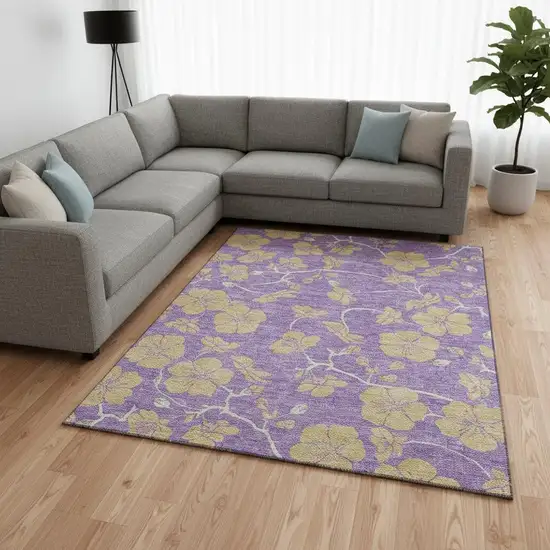 Purple And Gold Floral Washable Area Rug With UV Protection Photo 2