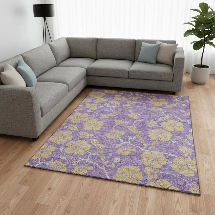 Purple And Gold Floral Washable Area Rug With UV Protection Photo 2