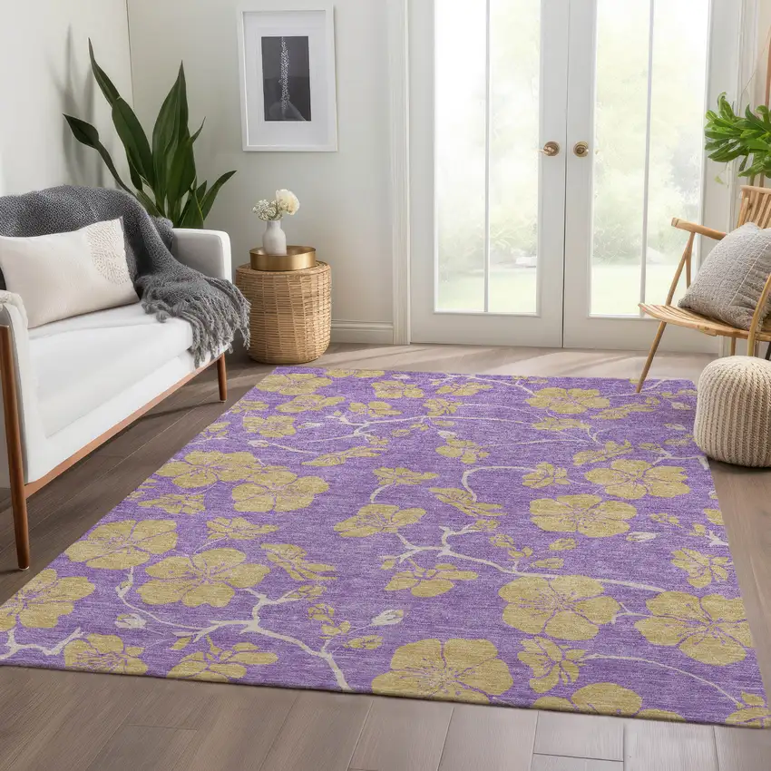 Purple And Gold Floral Washable Area Rug With UV Protection Photo 5