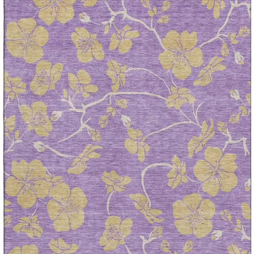 Purple And Gold Floral Washable Area Rug With UV Protection Photo 2