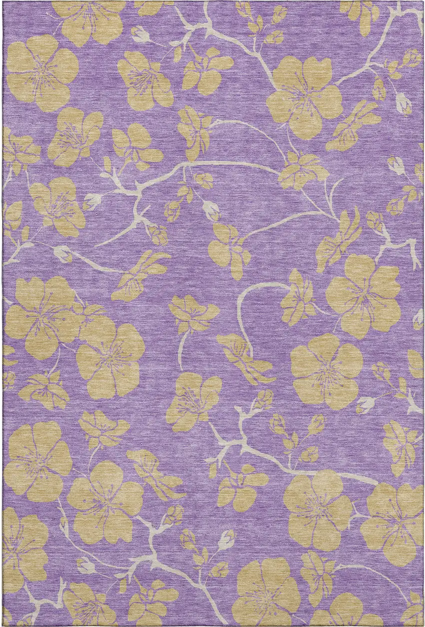Purple And Gold Floral Washable Area Rug With UV Protection Photo 1