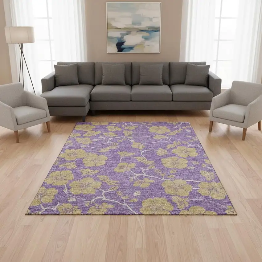 Purple And Gold Floral Washable Area Rug With UV Protection Photo 2