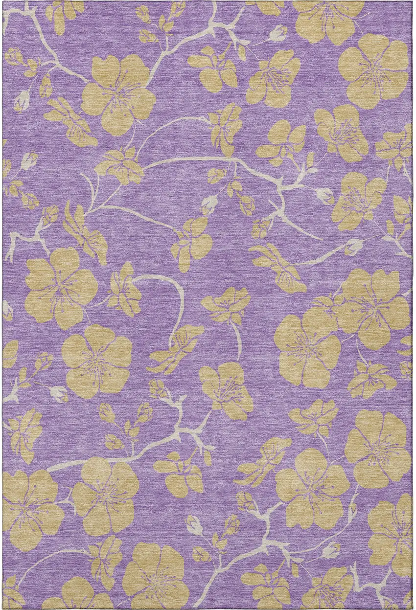 Purple And Gold Floral Washable Area Rug With UV Protection Photo 3