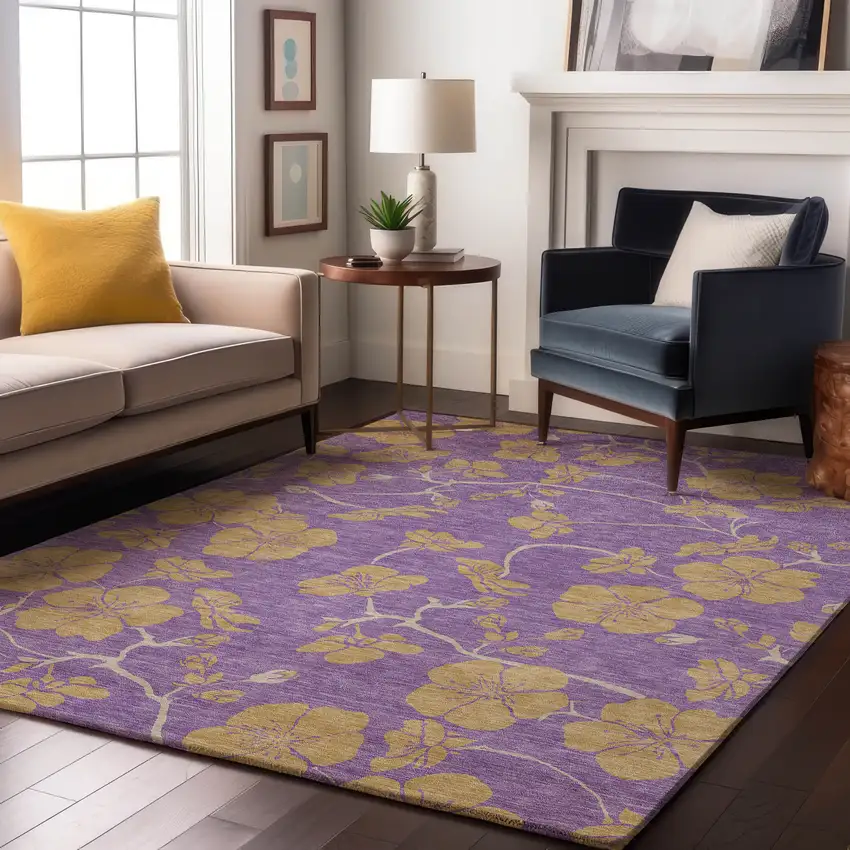 Purple And Gold Floral Washable Area Rug With UV Protection Photo 4