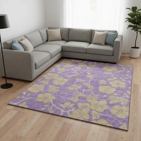 Purple And Gold Floral Washable Area Rug With UV Protection Photo 2