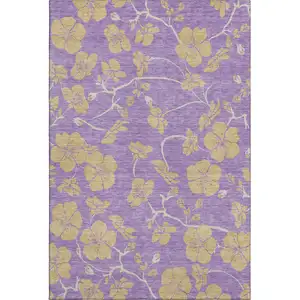 Photo of Purple And Gold Floral Washable Area Rug With UV Protection