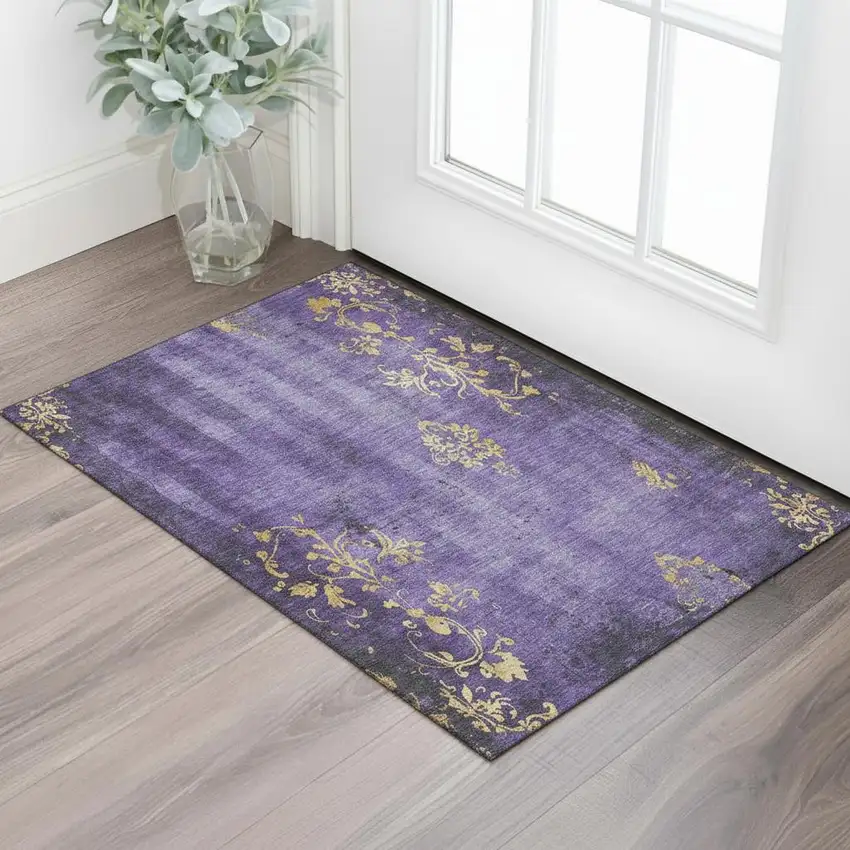 Purple And Gold Floral Washable Area Rug With UV Protection Photo 2