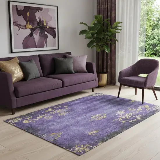 Purple And Gold Floral Washable Area Rug With UV Protection Photo 2