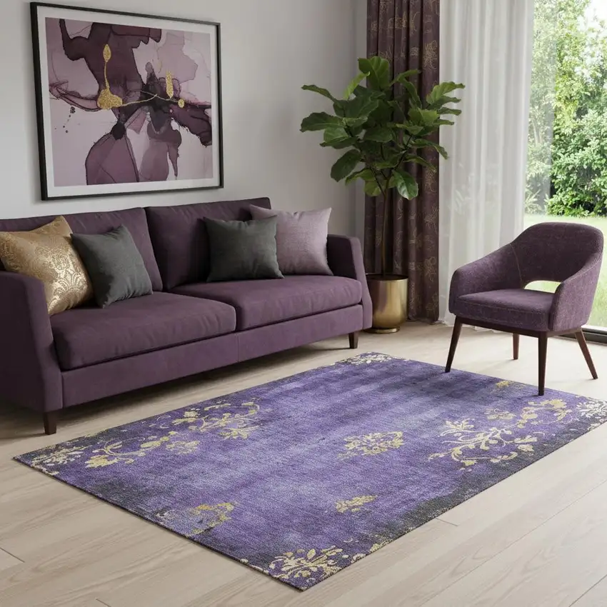 Purple And Gold Floral Washable Area Rug With UV Protection Photo 2