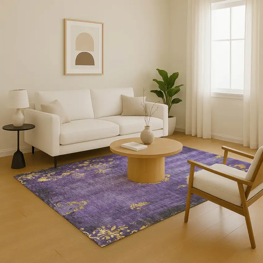 Purple And Gold Floral Washable Area Rug With UV Protection Photo 6