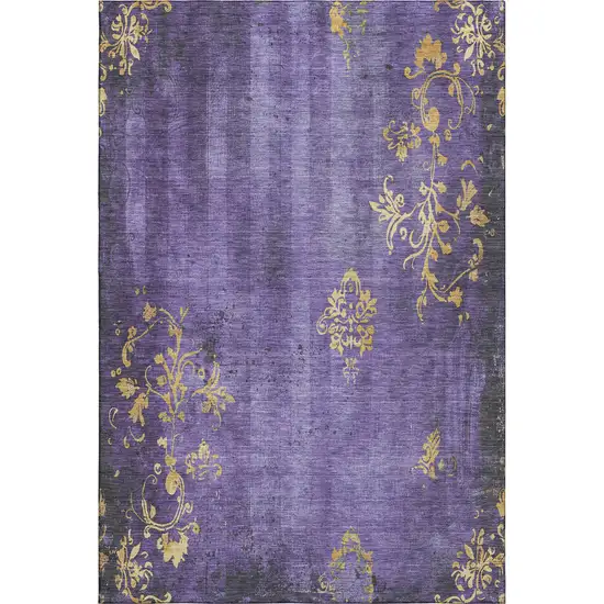 Purple And Gold Floral Washable Area Rug With UV Protection Photo 1