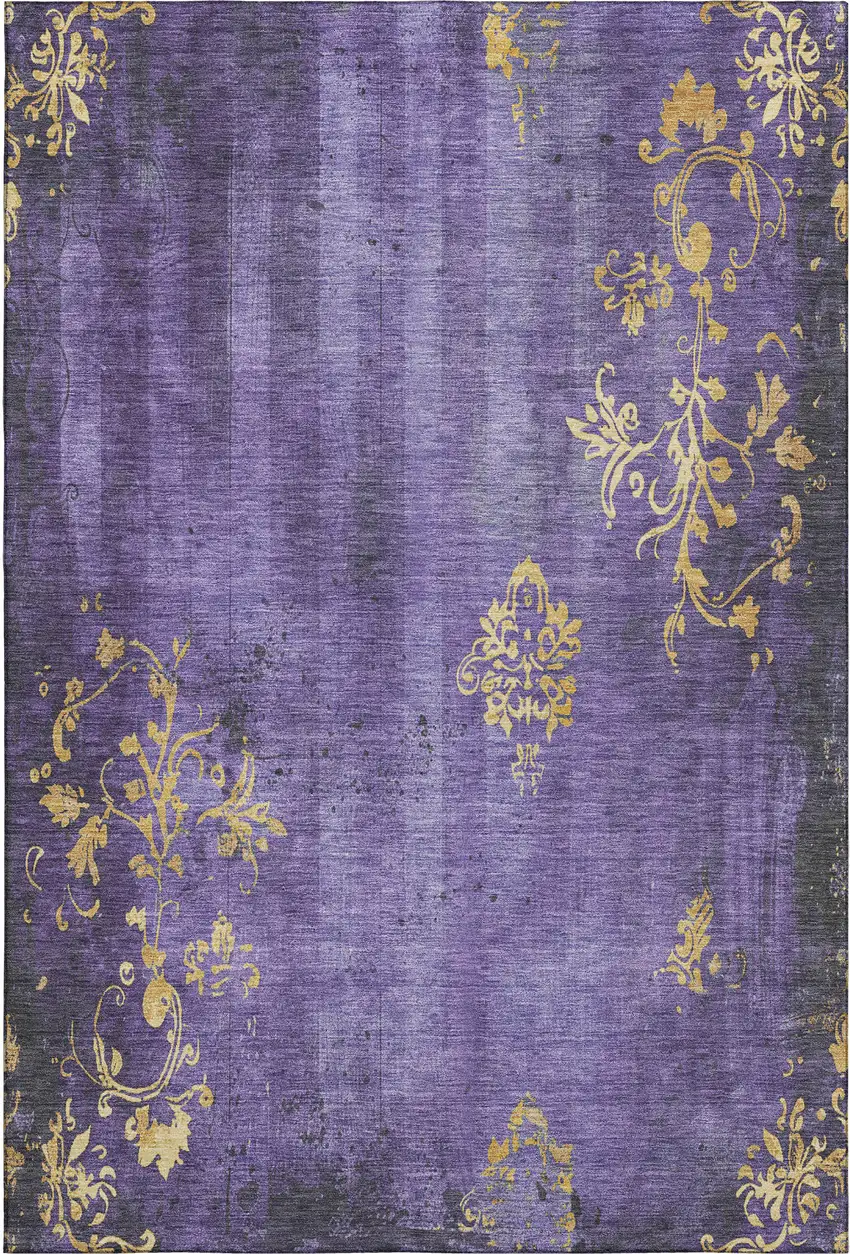Purple And Gold Floral Washable Area Rug With UV Protection Photo 1