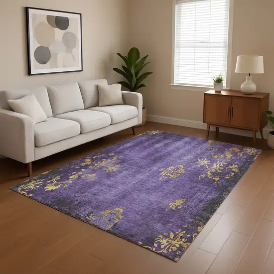 Purple And Gold Floral Washable Area Rug With UV Protection Photo 4
