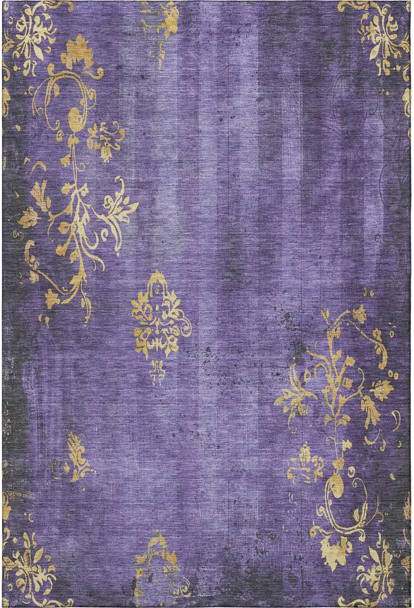 Purple And Gold Floral Washable Area Rug With UV Protection Photo 3