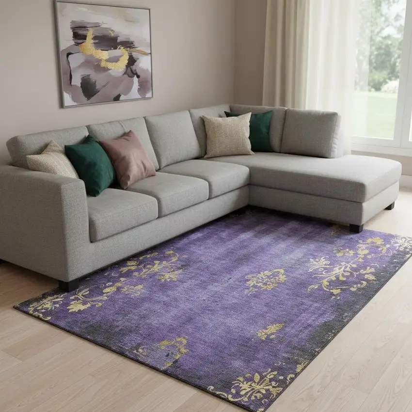 Purple And Gold Floral Washable Area Rug With UV Protection Photo 2