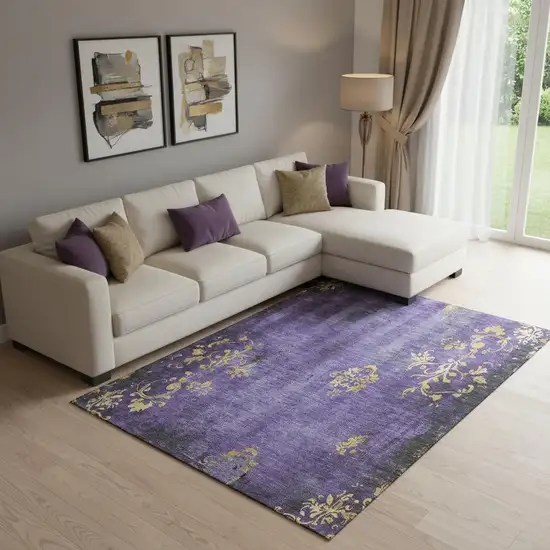 Purple And Gold Floral Washable Area Rug With UV Protection Photo 2