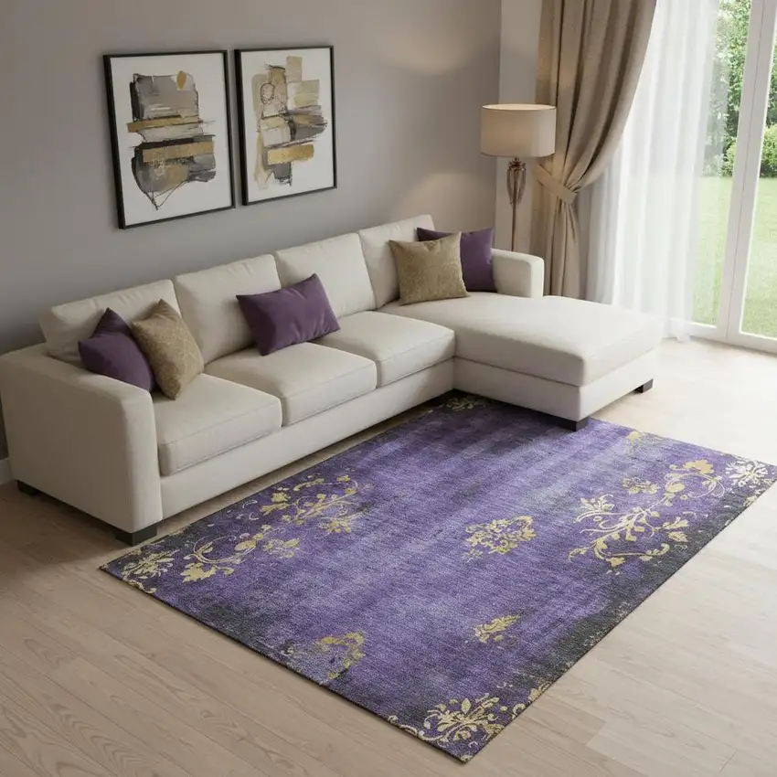 Purple And Gold Floral Washable Area Rug With UV Protection Photo 2