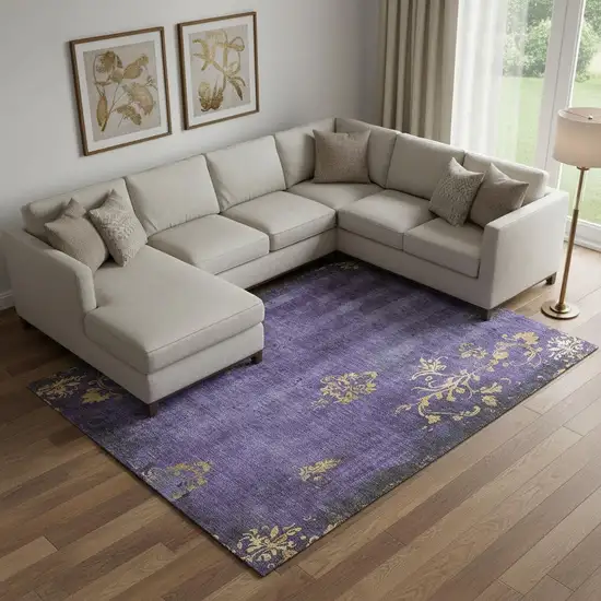 Purple And Gold Floral Washable Area Rug With UV Protection Photo 2