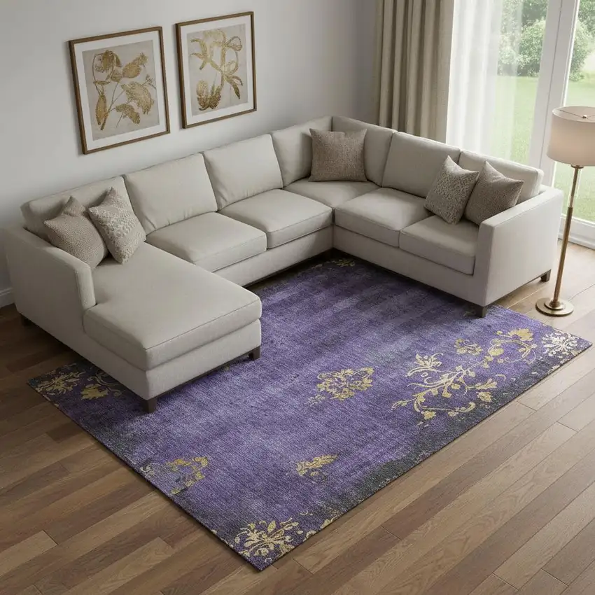 Purple And Gold Floral Washable Area Rug With UV Protection Photo 2