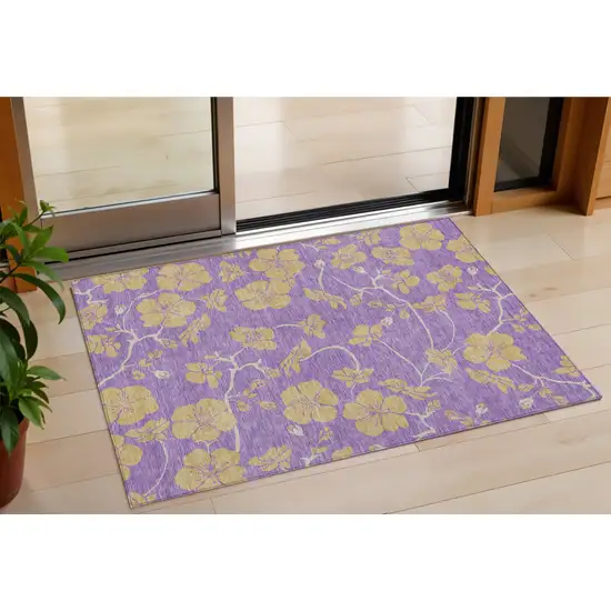 Purple And Gold Floral Washable Indoor Outdoor Area Rug Photo 1