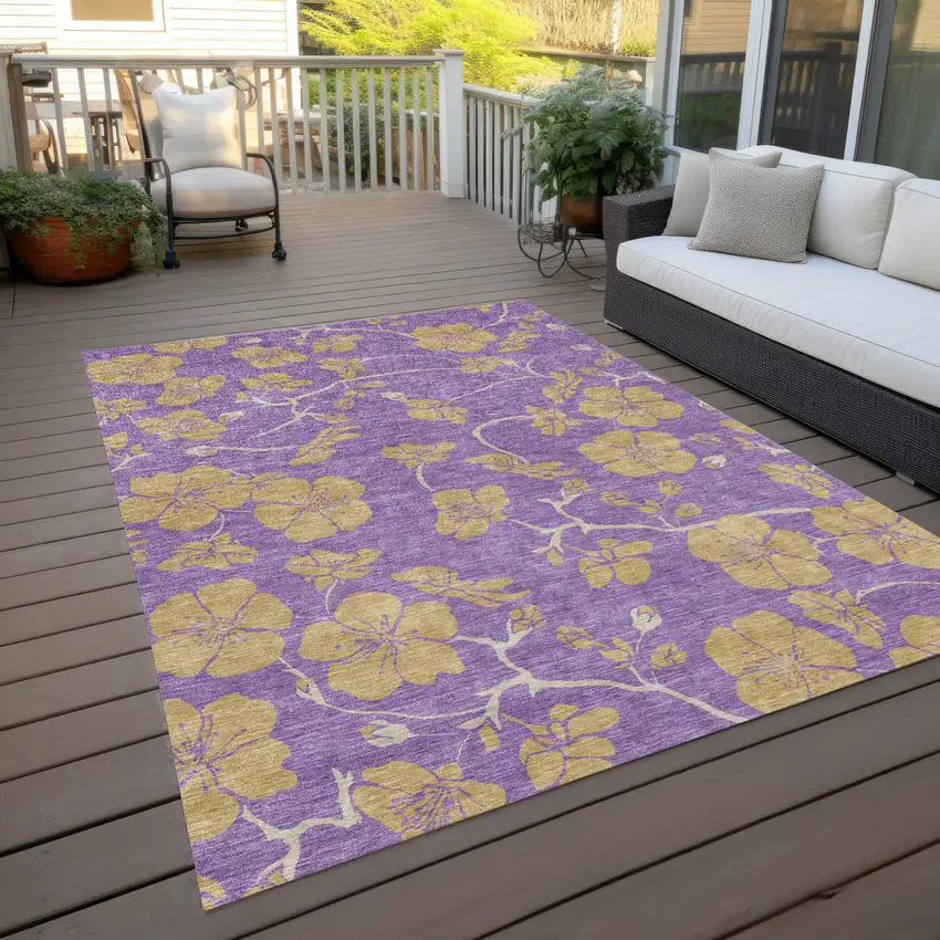 Purple And Gold Floral Washable Indoor Outdoor Area Rug Photo 9