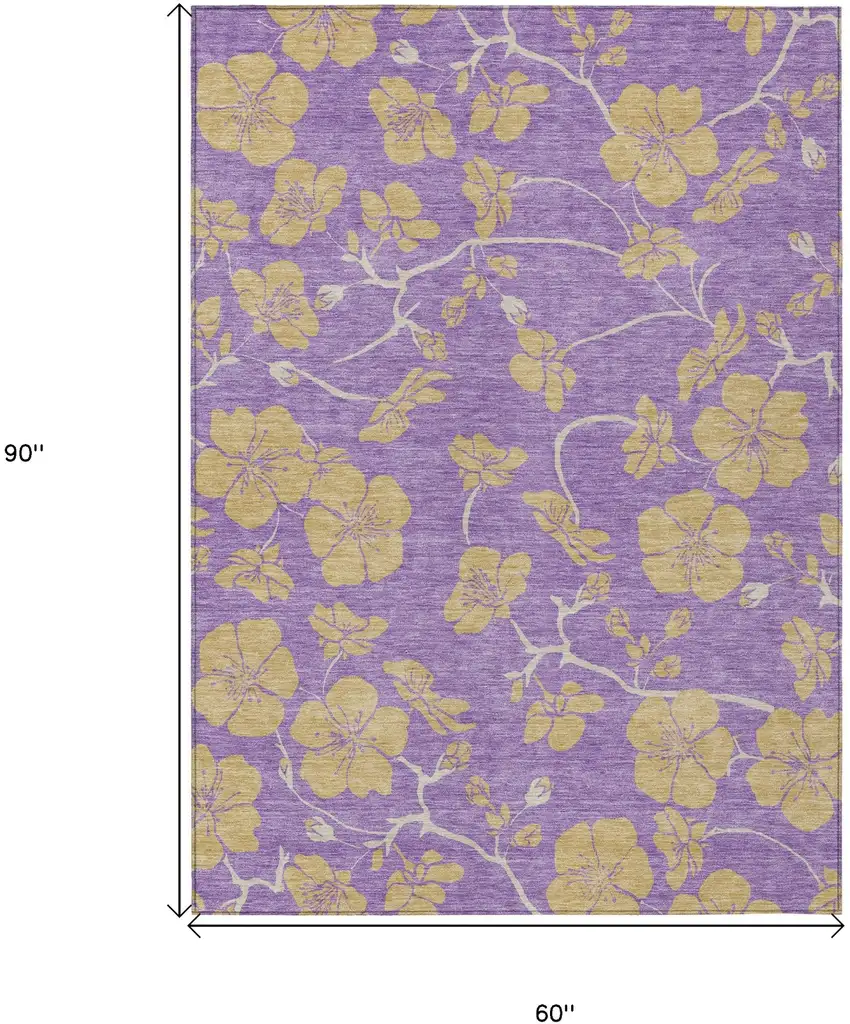Purple And Gold Floral Washable Indoor Outdoor Area Rug Photo 3