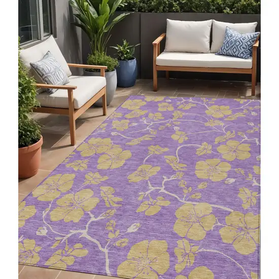 Purple And Gold Floral Washable Indoor Outdoor Area Rug Photo 1