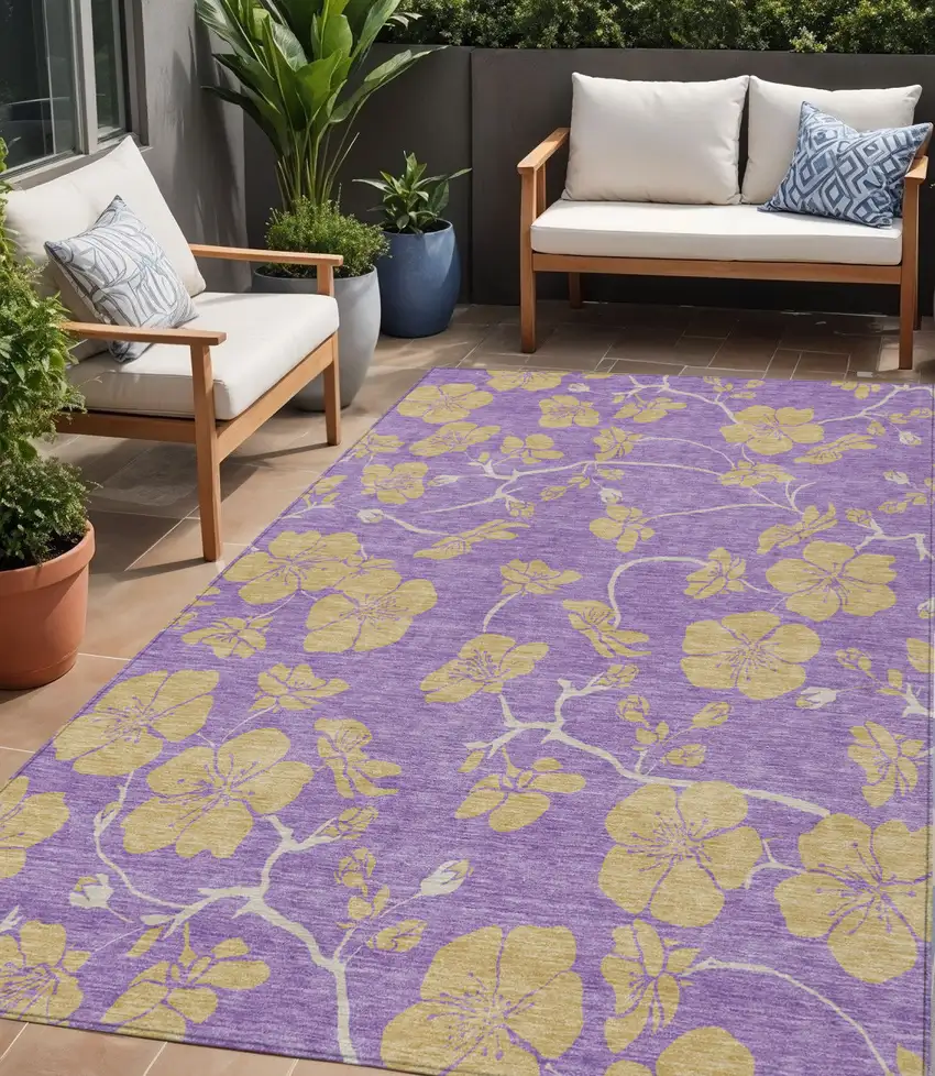 Purple And Gold Floral Washable Indoor Outdoor Area Rug Photo 1