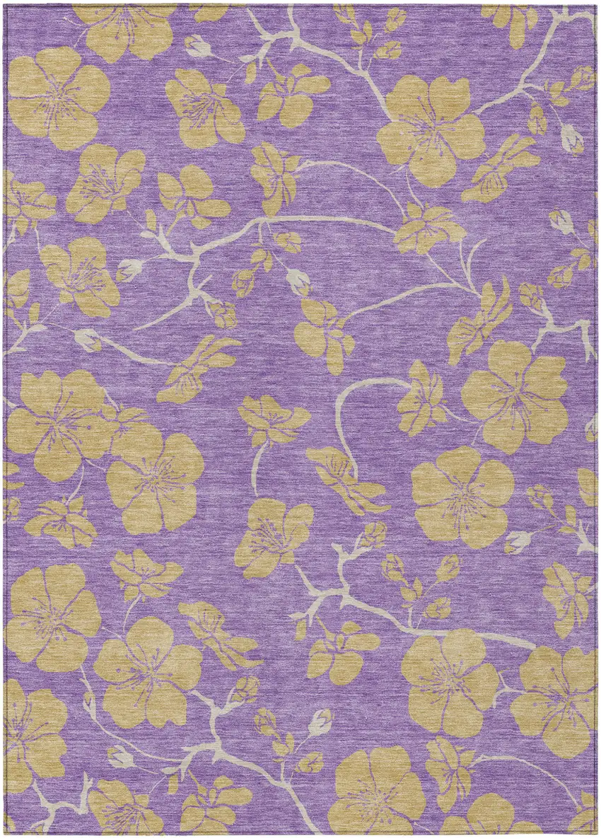 Purple And Gold Floral Washable Indoor Outdoor Area Rug Photo 2
