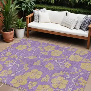 Photo of Purple And Gold Floral Washable Indoor Outdoor Area Rug