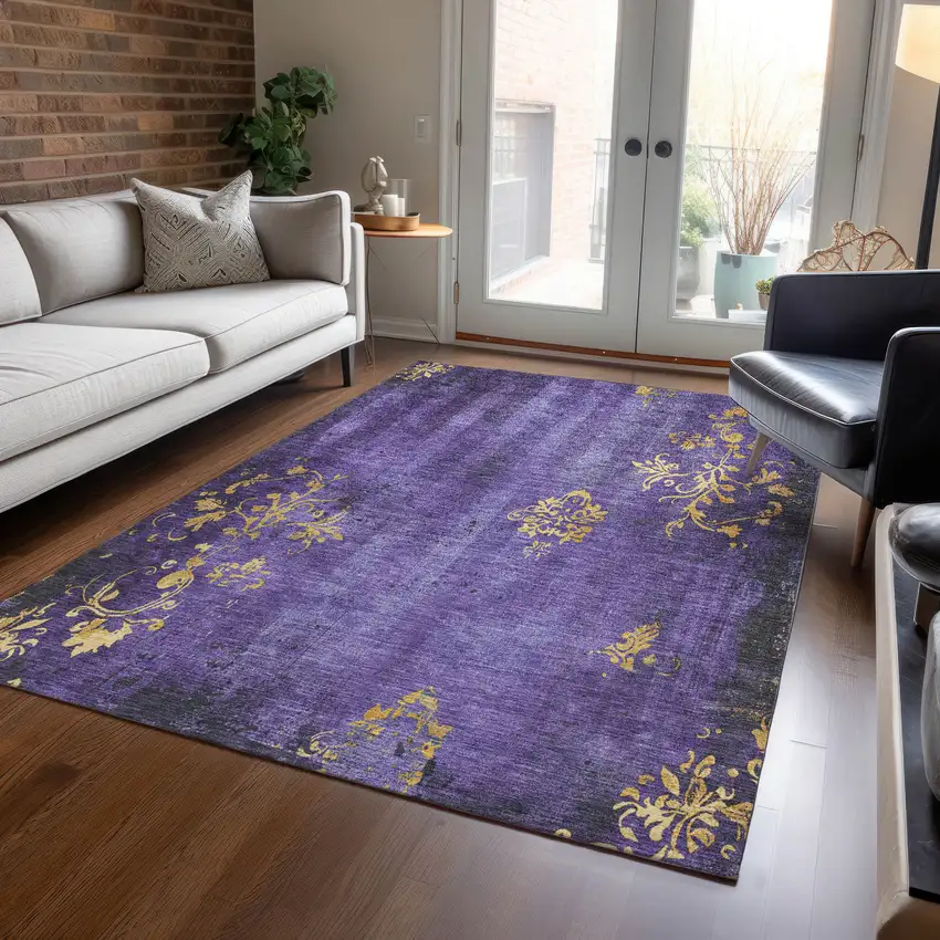Purple And Gold Floral Washable Indoor Outdoor Area Rug Photo 6