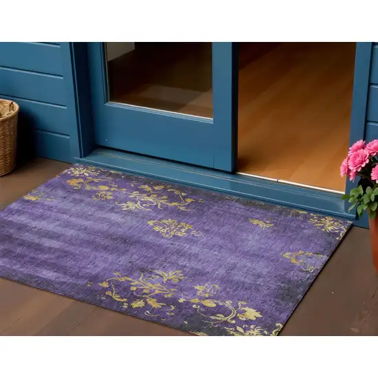 Purple And Gold Floral Washable Indoor Outdoor Area Rug Photo 2