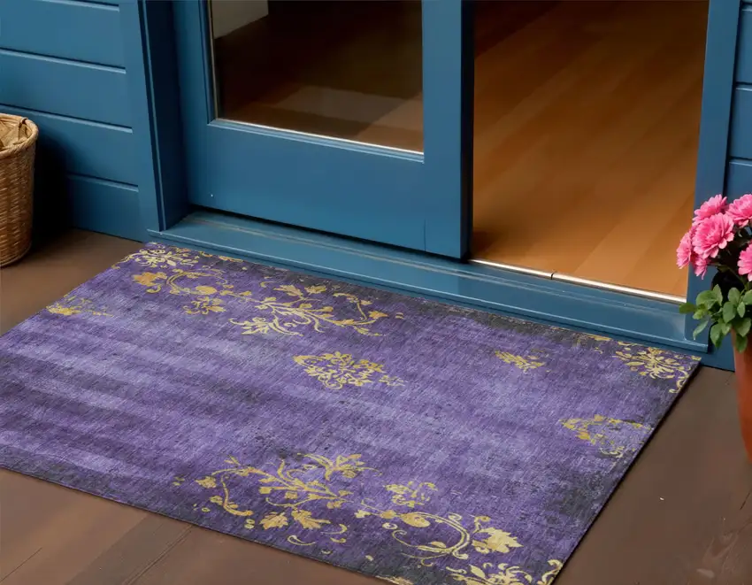 Purple And Gold Floral Washable Indoor Outdoor Area Rug Photo 2