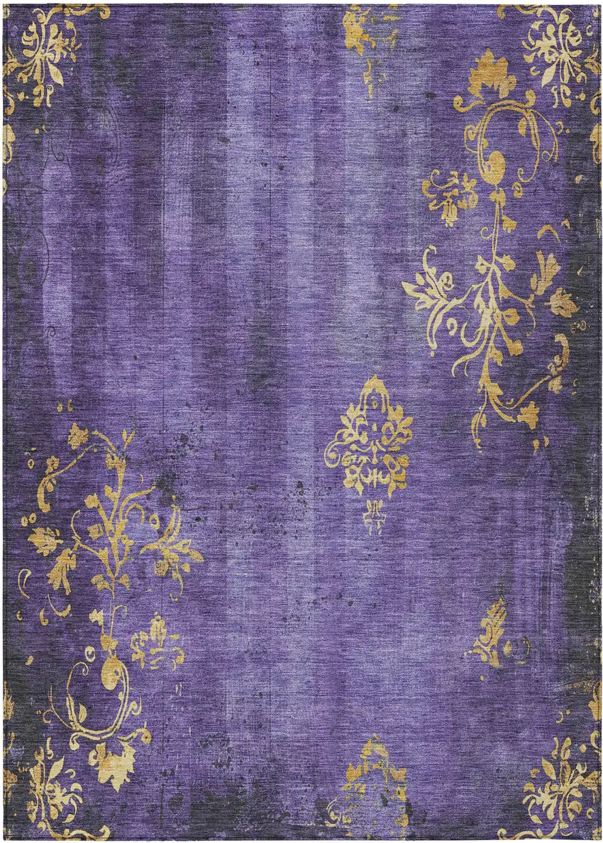 Purple And Gold Floral Washable Indoor Outdoor Area Rug Photo 9