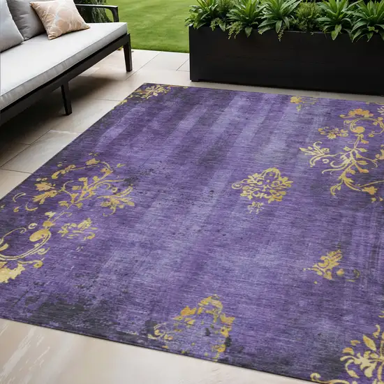 Purple And Gold Floral Washable Indoor Outdoor Area Rug Photo 2