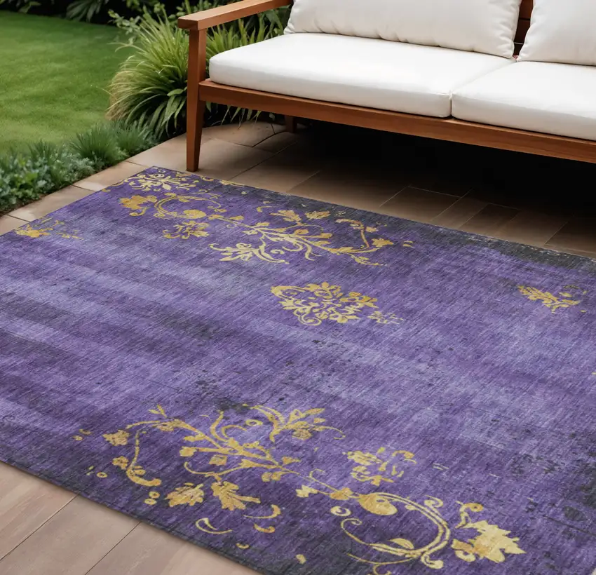 Purple And Gold Floral Washable Indoor Outdoor Area Rug Photo 2